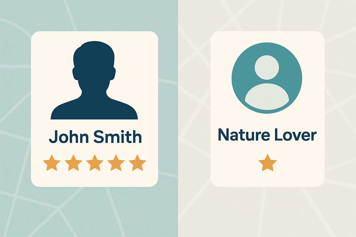 illustration comparing a five star review from “john smith” with a one star nickname review on a map style background, representing anonymous google reviews for healthcare and addiction treatment centers