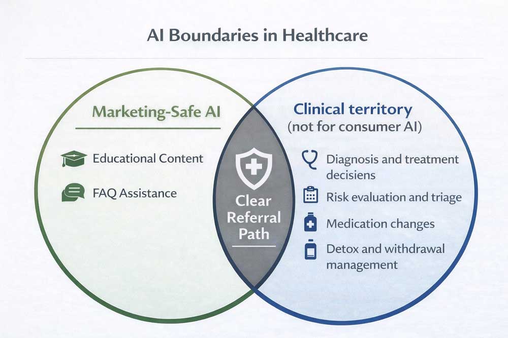 Boundary diagram separating marketing-safe AI uses from clinical territory such as diagnosis, treatment decisions, and risk evaluation