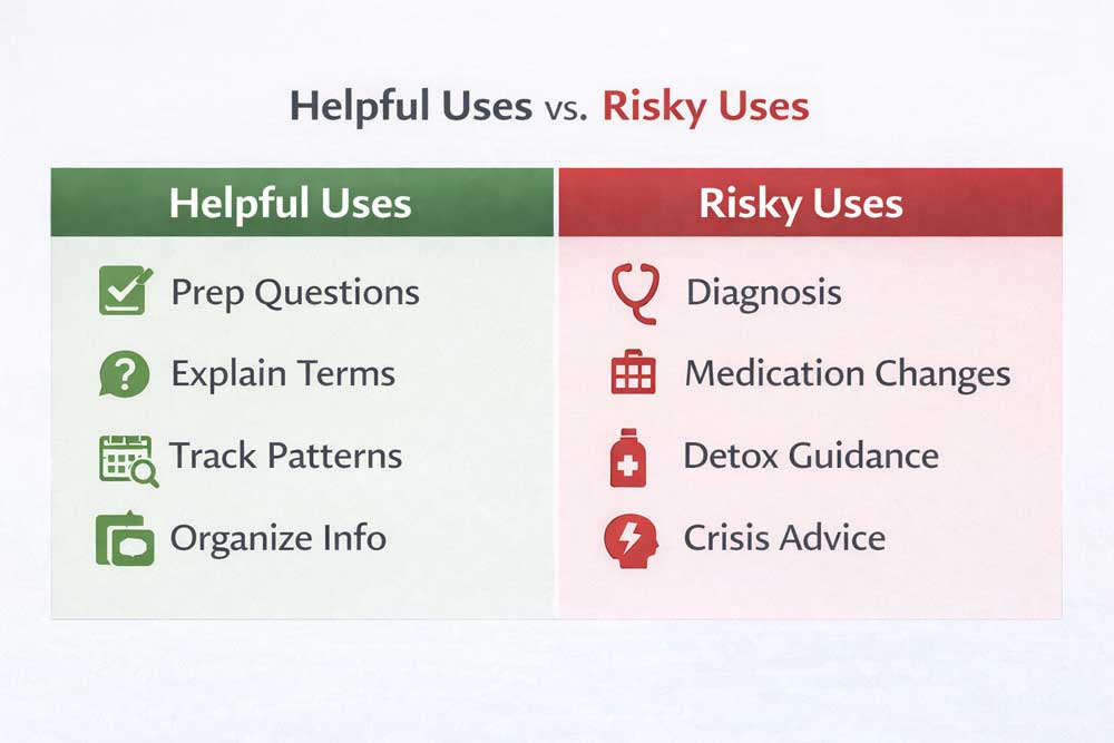 Grid showing helpful uses of AI for health research versus risky uses, including self-diagnosis and detox guidance without supervision.