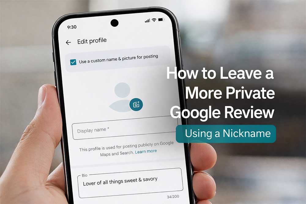 how-to-leave-a-more-private-google-review-using-a-nickname-google-maps-app Phone showing the Google Maps “Edit profile” screen with the option to use a custom name and picture for posting, plus headline text about leaving a more private Google review.