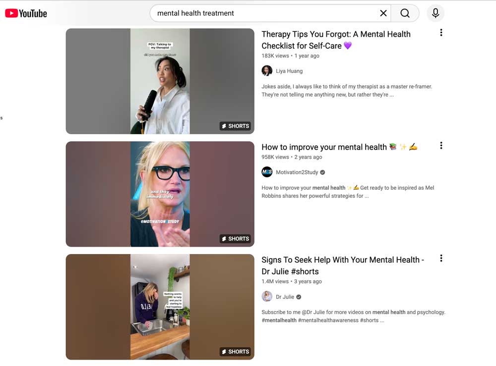 YouTube search results showing mental health treatment Shorts, illustrating how short videos appear in search.
