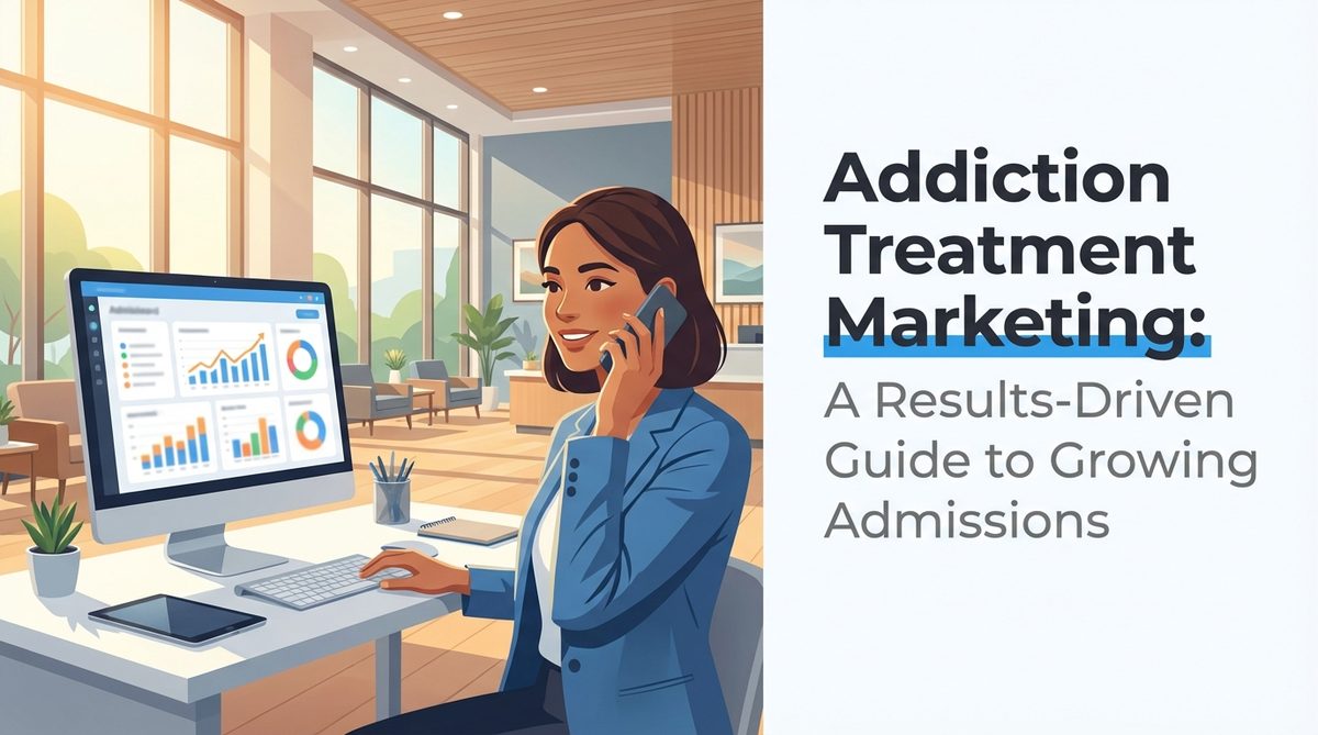 Admissions professional at a treatment center taking a call, representing the connection between marketing and patient admissions