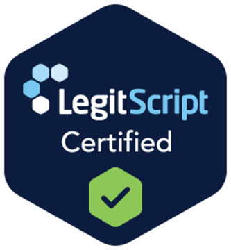 Example of the LegitScript Certified seal, a dark blue hexagon with a green checkmark