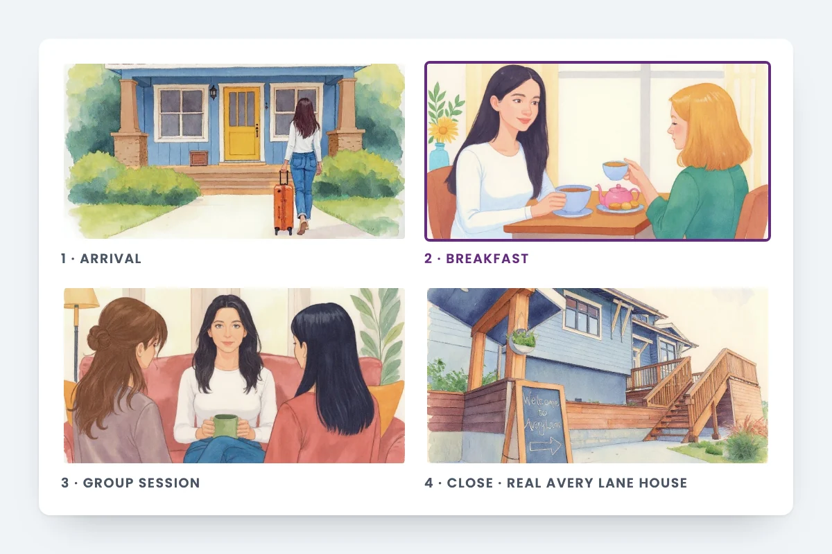 Four illustrated storyboard frames: arrival, breakfast, group session, and a closing scene drawn from a photo of a real Avery Lane house