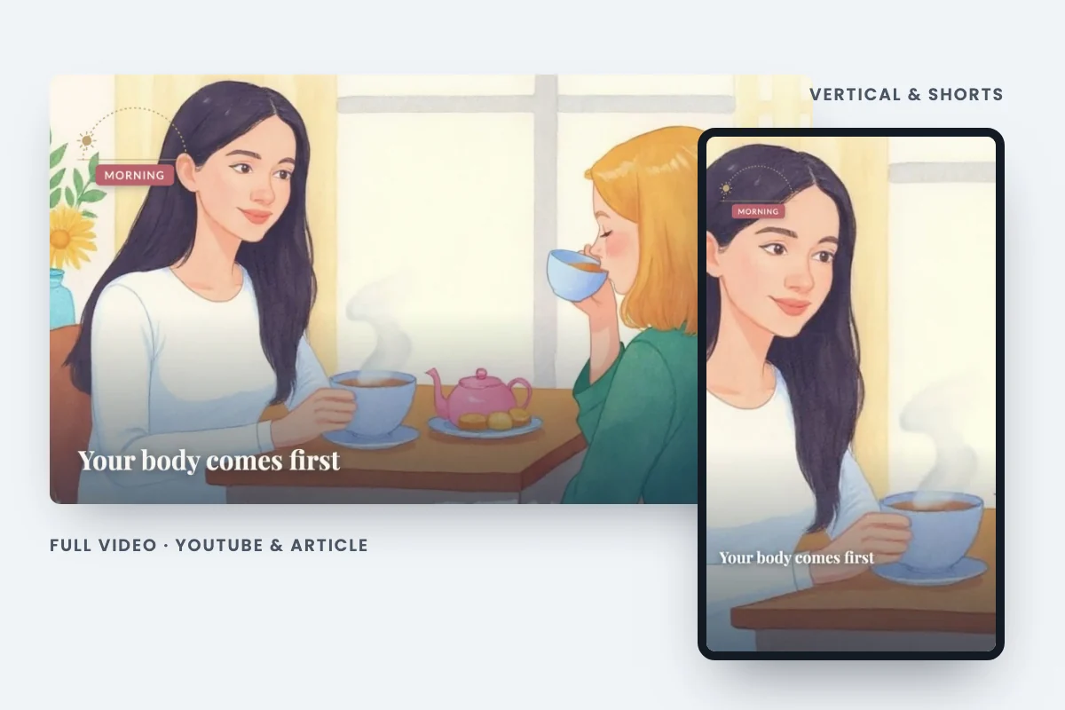 The finished breakfast scene in the full video, beside the same scene in the vertical version